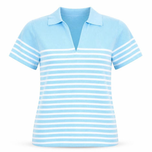 Anne Klein Women Blue Striped Collared Polo Knit Top Size L