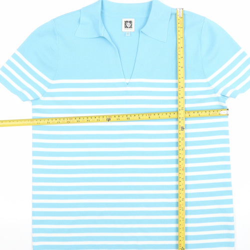 Anne Klein Women Blue Striped Collared Polo Knit Top Size L