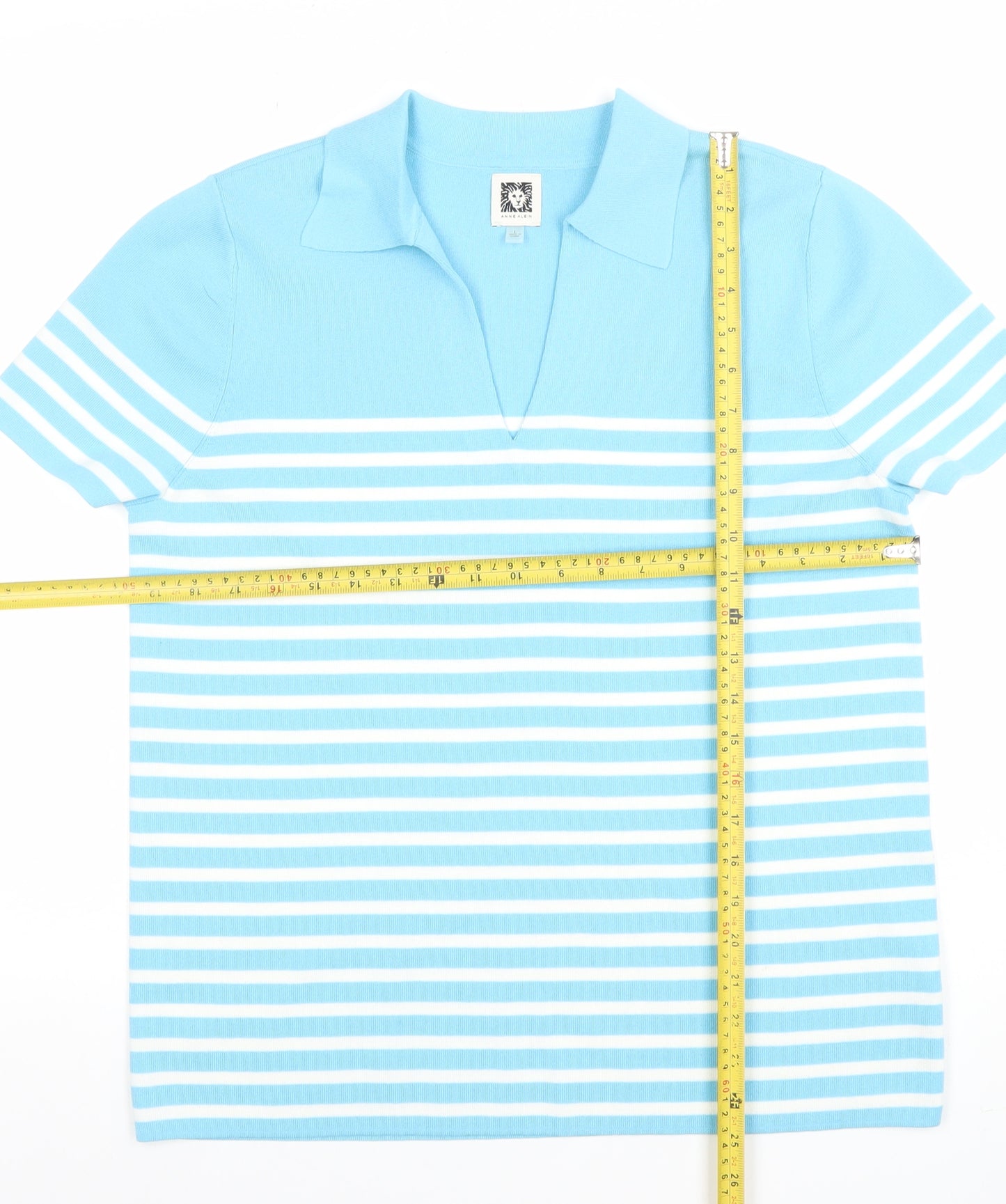 Anne Klein Women Blue Striped Collared Polo Knit Top Size L