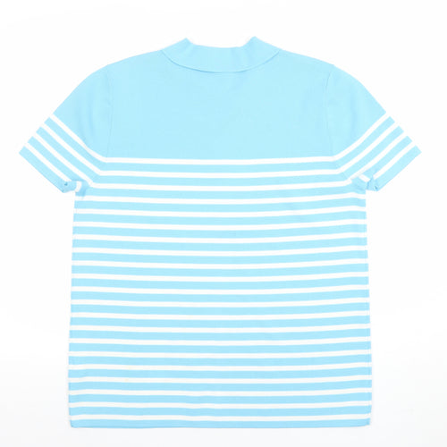 Anne Klein Women Blue Striped Collared Polo Knit Top Size L