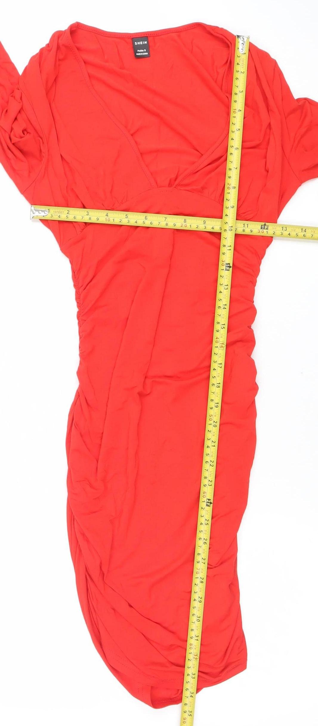SHEIN Women’s Red Petite S Long Sleeve Bodycon Ruched Knee Dress