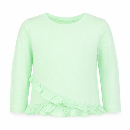 Front view of Dunnes girls’ green long sleeve ruffle t-shirt 18-24 months