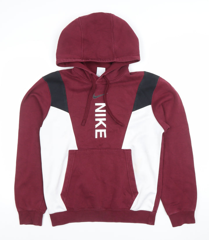 Nike Womens Burgundy Hoodie XS Pullover Colourblock Logo Cotton Blend