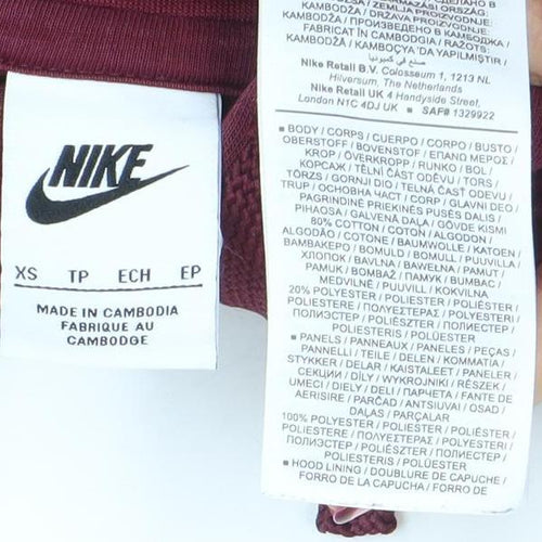 Nike Womens Burgundy Hoodie XS Pullover Colourblock Logo Cotton Blend