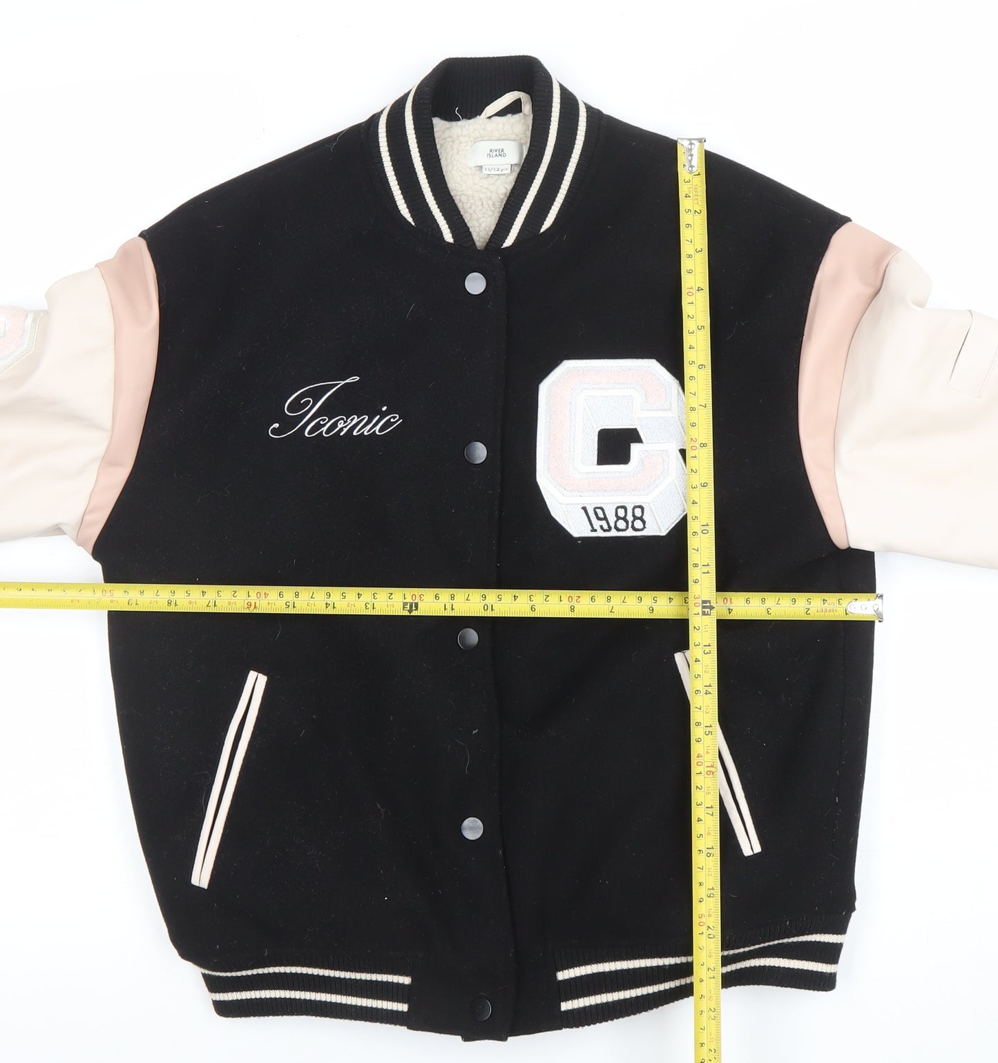 River Island Girls Black Varsity Jacket 11-12 Years Lined Letterman Style
