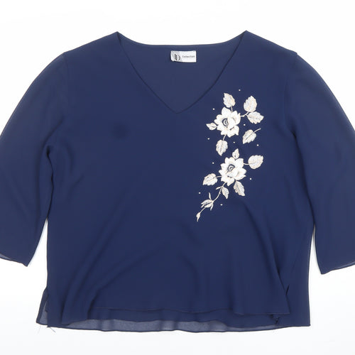 JD Collection Women's Blue Embroidered 3/4 Sleeve Blouse Size 22