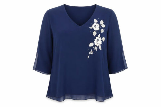 Front view of JD Collection Women's Blue Embroidered 3/4 Sleeve Blouse, size 22