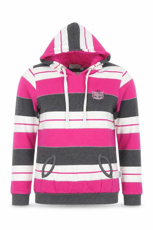 Front view of Everlast women’s pink stripe pullover hoodie, size UK 10, cotton blend