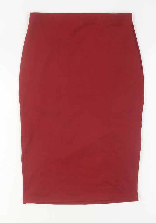Zara Women Red Knee Length Pencil Skirt Size 12 Stretch Knit