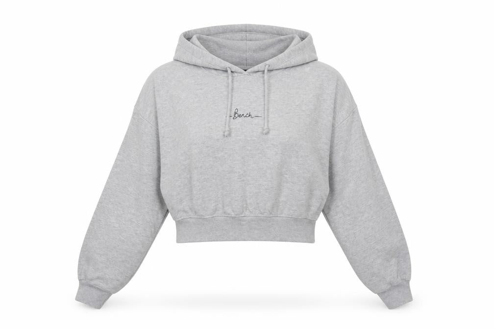 Front view of Bench women’s grey cropped hoodie, size M, uk 12 pullover