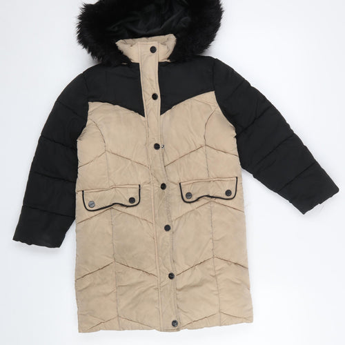 Lipsy Girls Beige Black Faux Fur Hooded Long Puffer Coat 6 Years