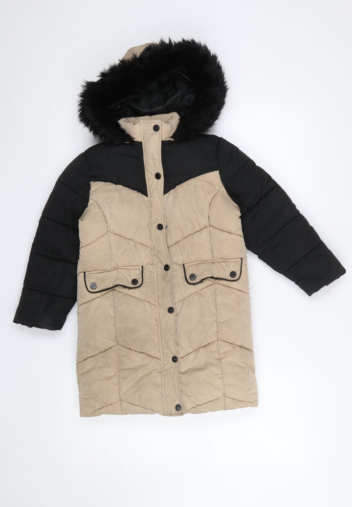 Lipsy Girls Beige Black Faux Fur Hooded Long Puffer Coat 6 Years