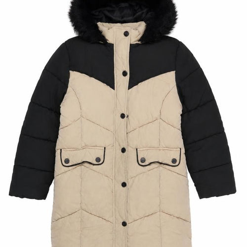 Lipsy Girls Beige Black Faux Fur Hooded Long Puffer Coat 6 Years