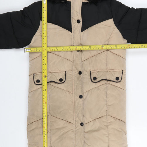 Lipsy Girls Beige Black Faux Fur Hooded Long Puffer Coat 6 Years