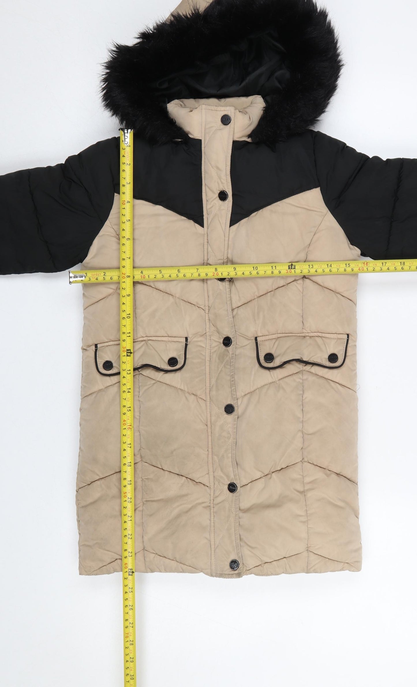 Lipsy Girls Beige Black Faux Fur Hooded Long Puffer Coat 6 Years
