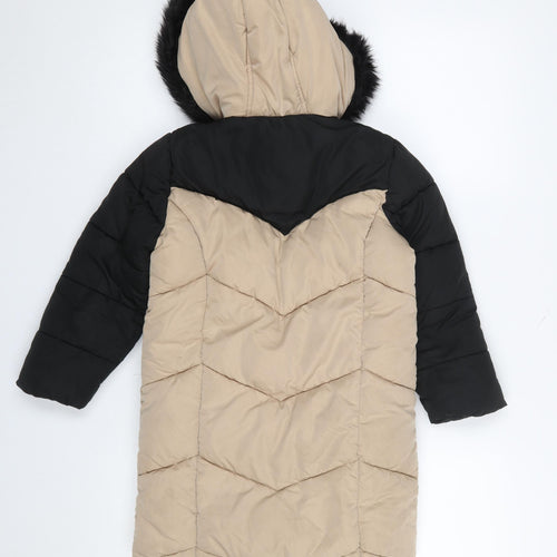 Lipsy Girls Beige Black Faux Fur Hooded Long Puffer Coat 6 Years