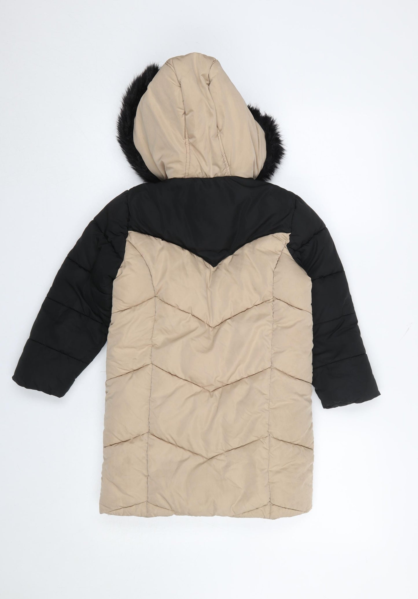 Lipsy Girls Beige Black Faux Fur Hooded Long Puffer Coat 6 Years