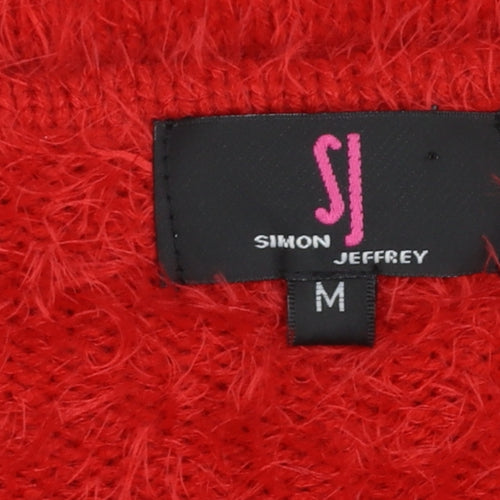 Simon Jeffrey Women's Red Fuzzy Knit 3/4 Sleeve V-Neck Cardigan M