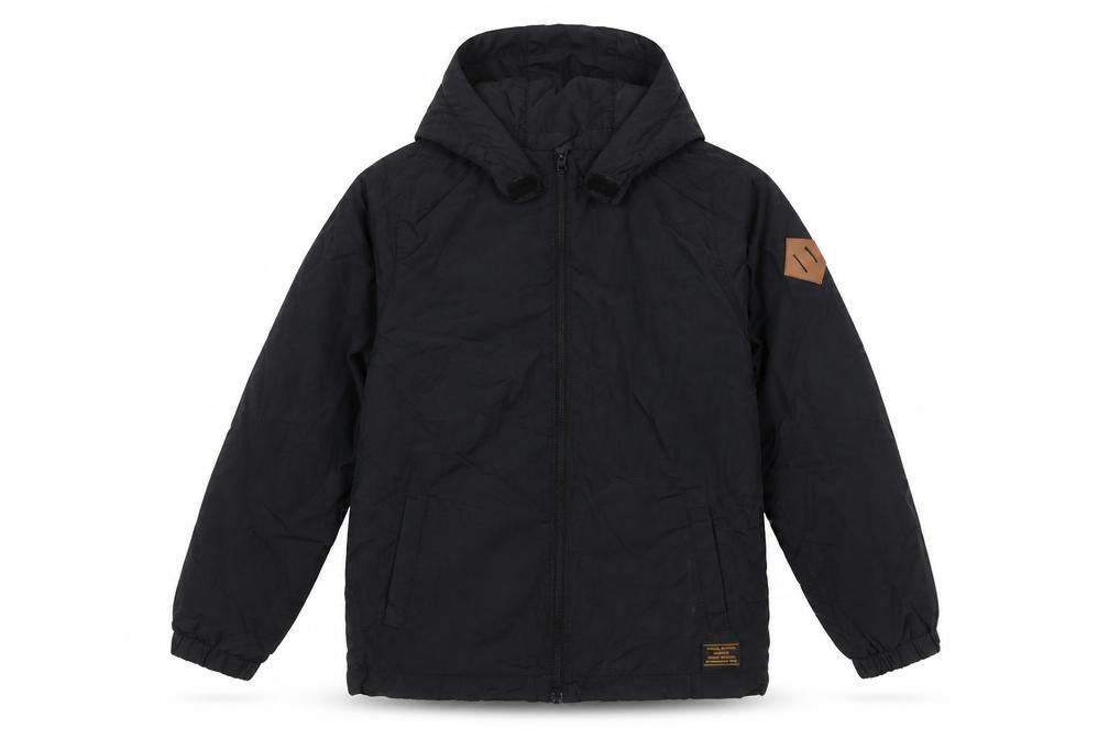 Front view of H&M boys’ black hooded puffer jacket 9-10 years polyamide lightweight