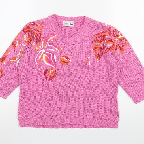 Gollehaug Women's Pink Floral V-Neck Pullover Jumper Size 12