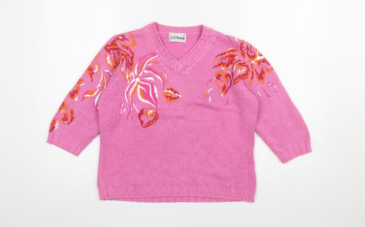 Gollehaug Women's Pink Floral V-Neck Pullover Jumper Size 12