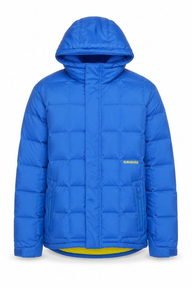 Front view of Quiksilver Men's Blue Puffer Jacket Small Hooded Water Resistant