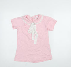 Savida Women Pink Peter Pan Collar Short Sleeve Cotton Top S