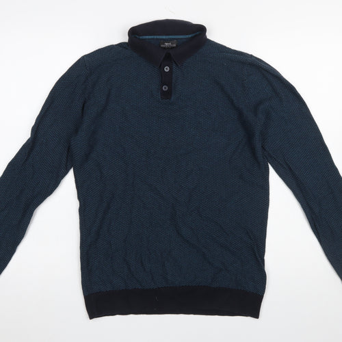 Next Men's Blue Long Sleeve Cotton Knit Polo Shirt Size M
