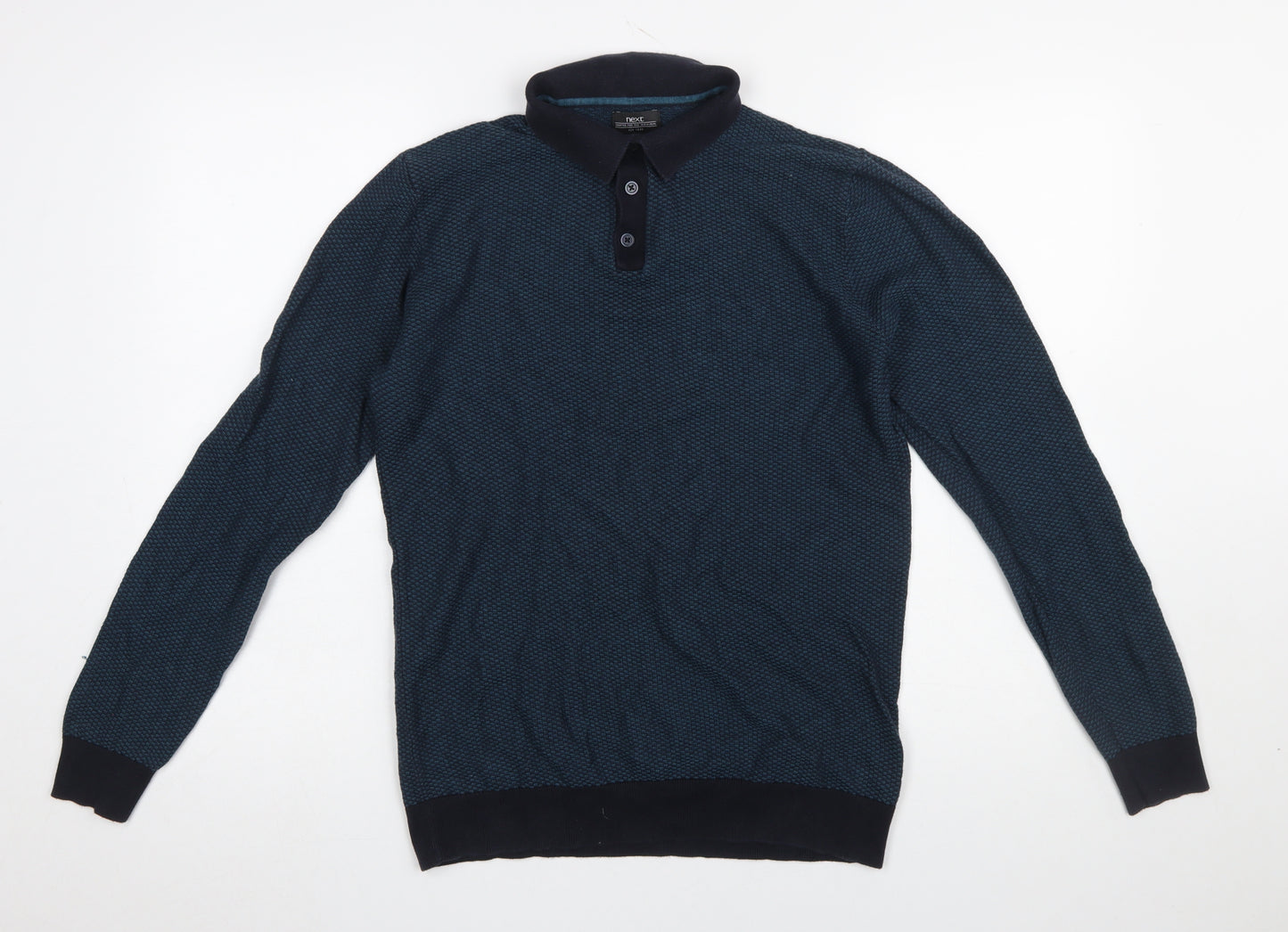 Next Men's Blue Long Sleeve Cotton Knit Polo Shirt Size M