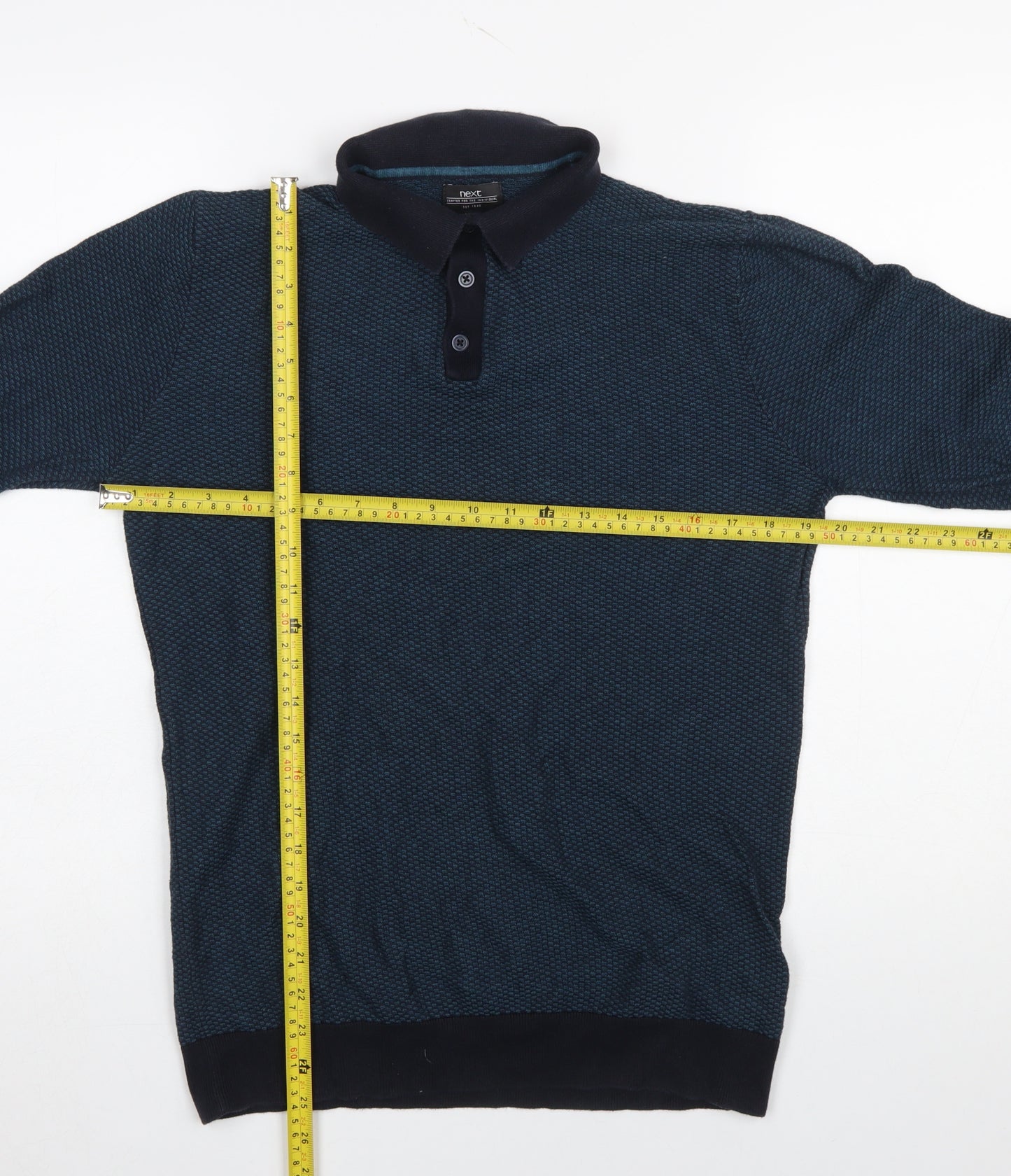 Next Men's Blue Long Sleeve Cotton Knit Polo Shirt Size M
