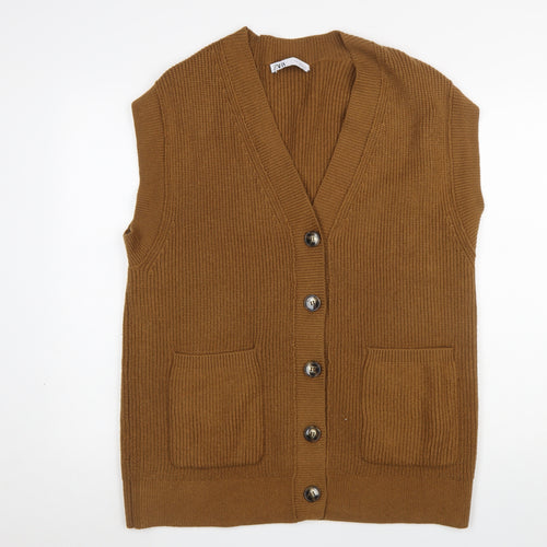 ZARA Womens Brown V-Neck Sleeveless Cardigan Size 12