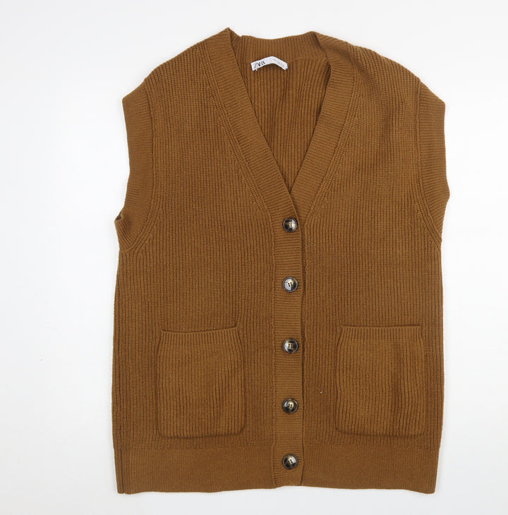 ZARA Womens Brown V-Neck Sleeveless Cardigan Size 12