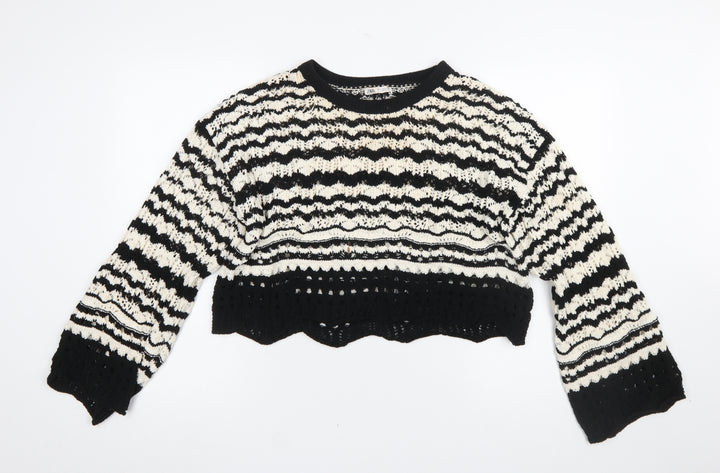 ZARA Womens Black White Striped Crochet Knit Jumper Size L