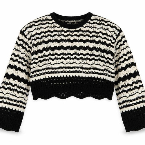 ZARA Womens Black White Striped Crochet Knit Jumper Size L