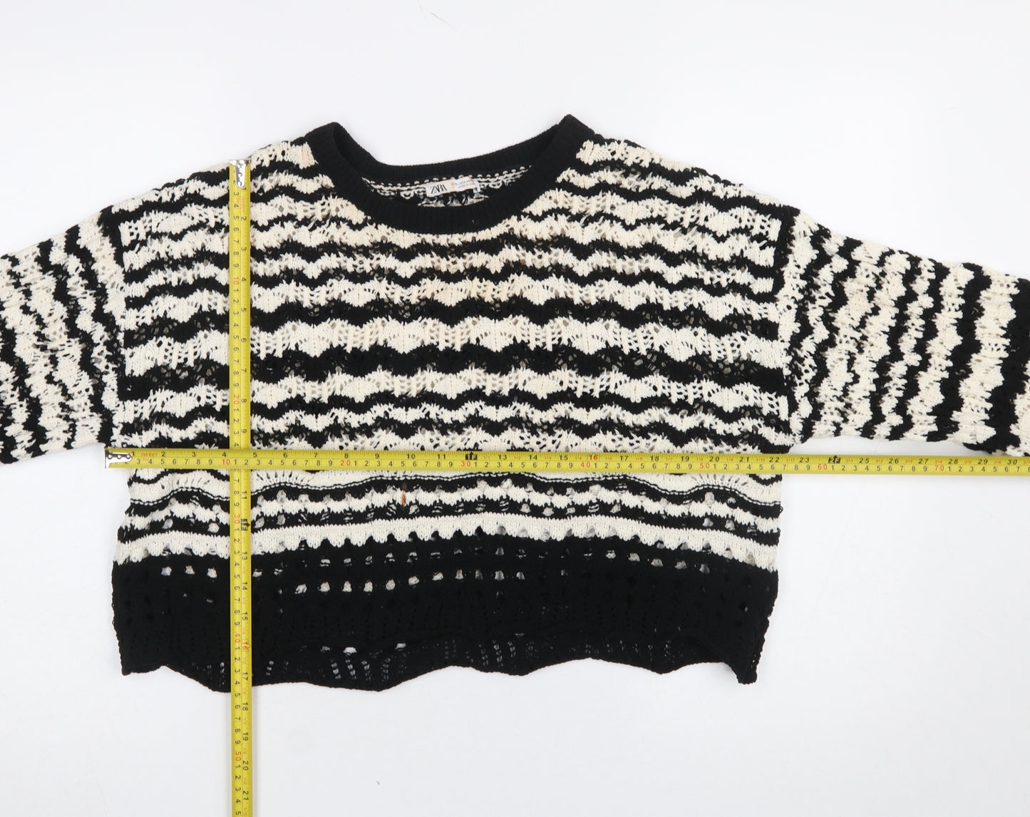 ZARA Womens Black White Striped Crochet Knit Jumper Size L