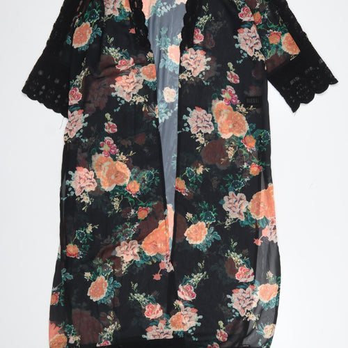 Diesel Women’s Black Floral Sheer Kimono Blouse M Lace Trim Summer Top
