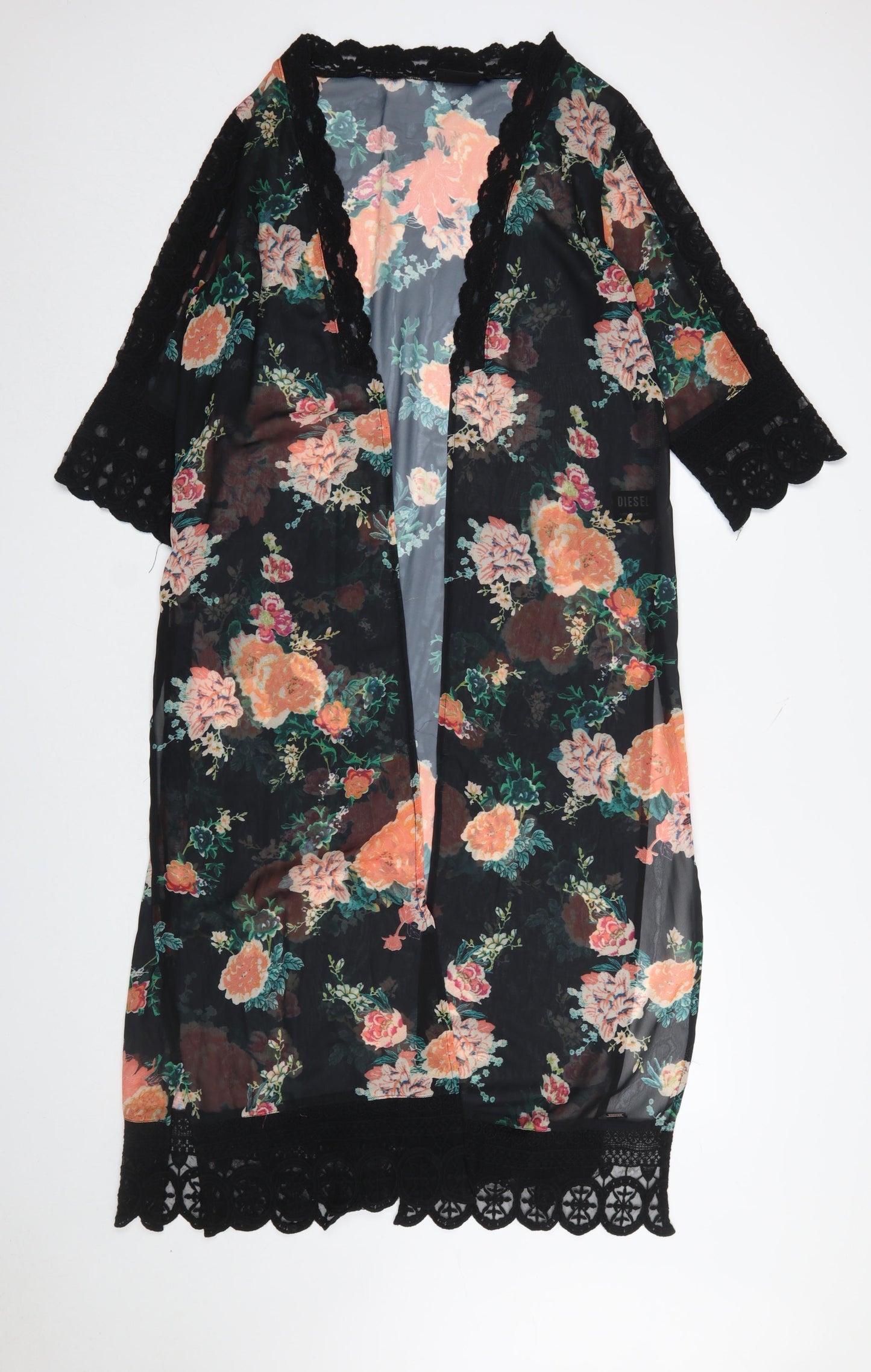 Diesel Women’s Black Floral Sheer Kimono Blouse M Lace Trim Summer Top