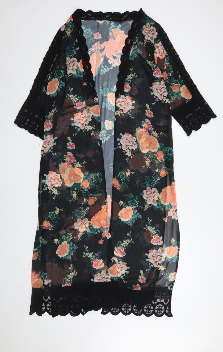 Diesel Women’s Black Floral Sheer Kimono Blouse M Lace Trim Summer Top