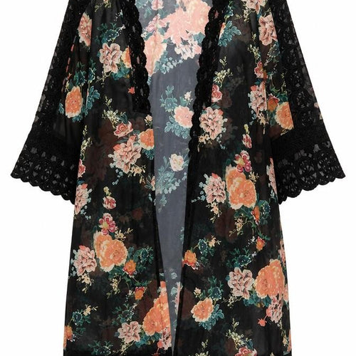 Diesel Women’s Black Floral Sheer Kimono Blouse M Lace Trim Summer Top