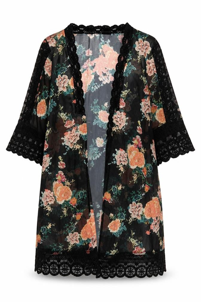 Diesel Women’s Black Floral Sheer Kimono Blouse M Lace Trim Summer Top