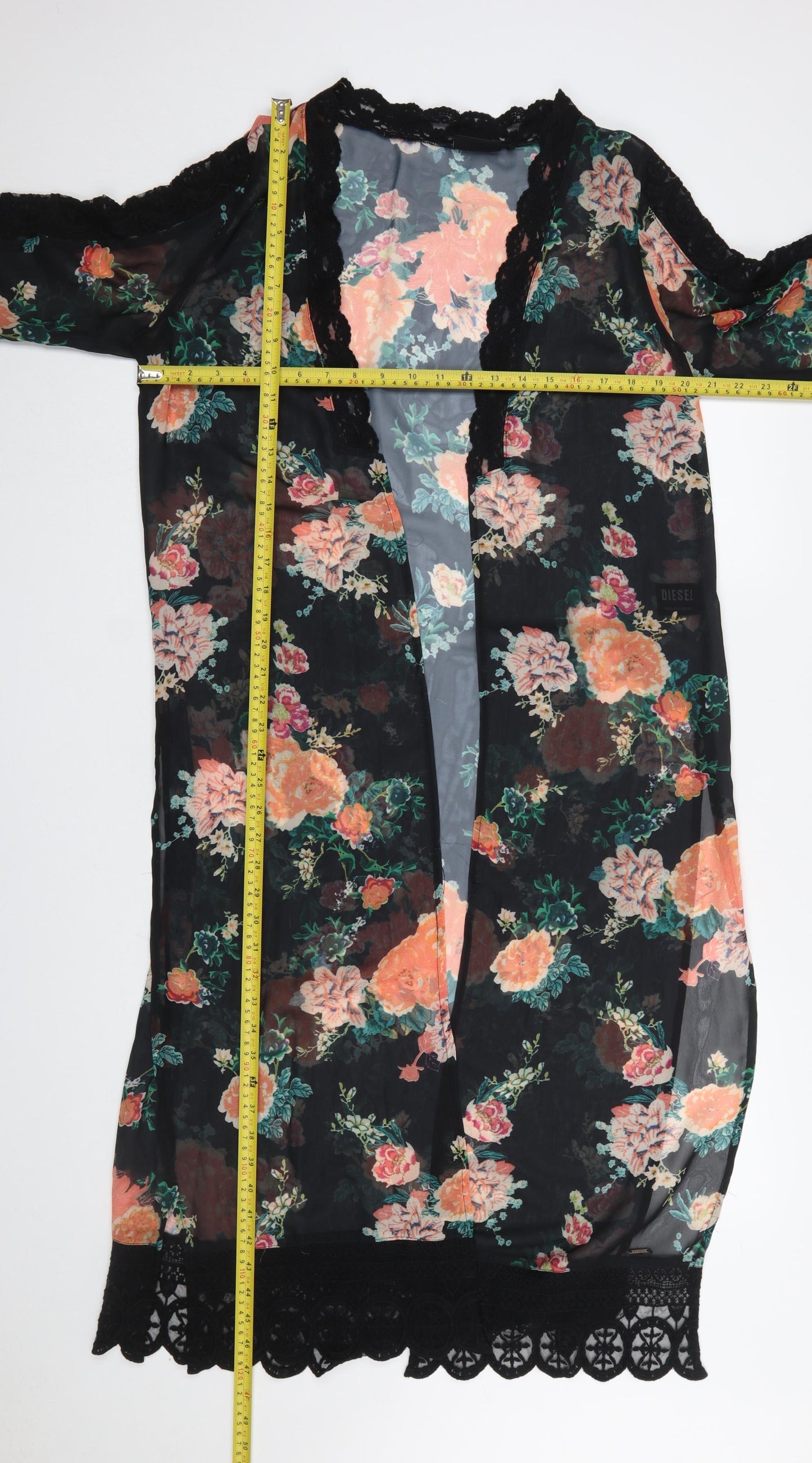 Diesel Women’s Black Floral Sheer Kimono Blouse M Lace Trim Summer Top