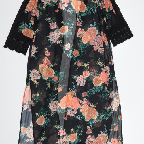 Diesel Women’s Black Floral Sheer Kimono Blouse M Lace Trim Summer Top