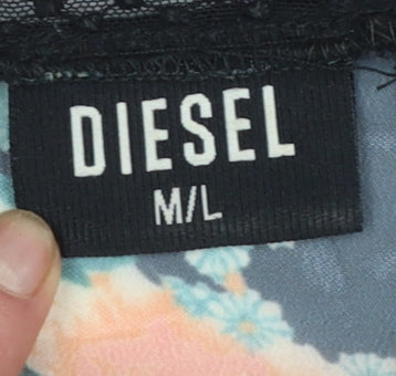 Diesel Women’s Black Floral Sheer Kimono Blouse M Lace Trim Summer Top