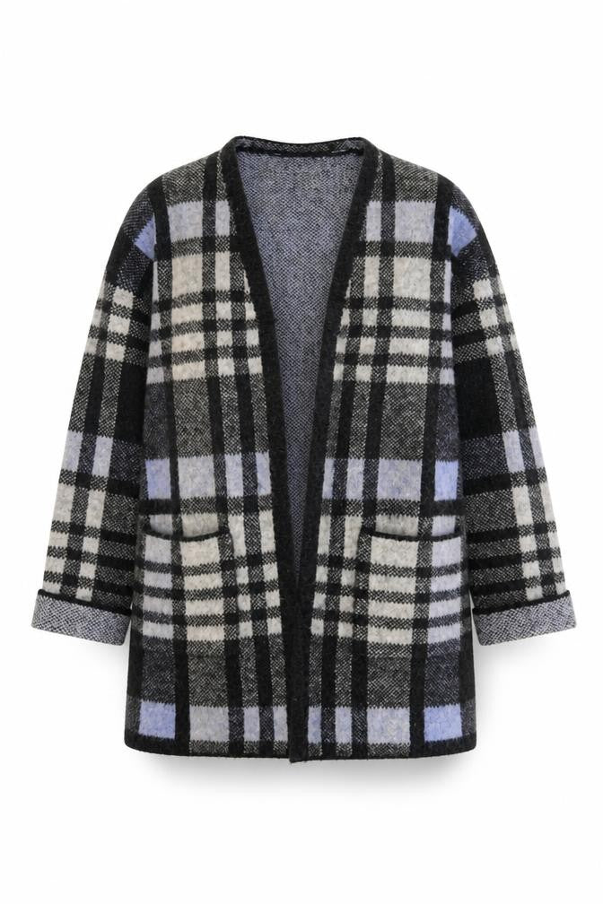 Dunnes Women Grey Check 3/4 Sleeve Open Knit Cardigan M