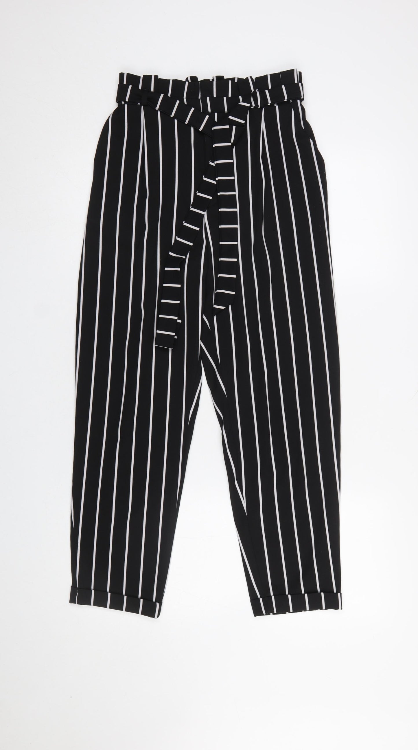 Pull & Bear Women's Black Striped Paperbag Tapered Trousers M