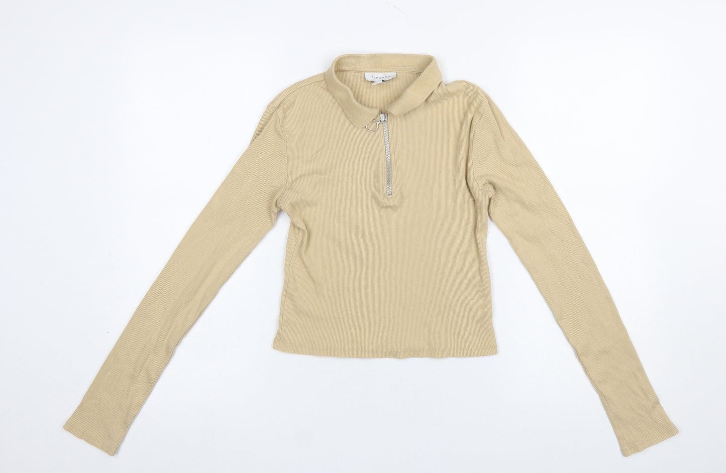 Topshop Women’s Beige Collared Zip Long Sleeve Cotton Top UK 10