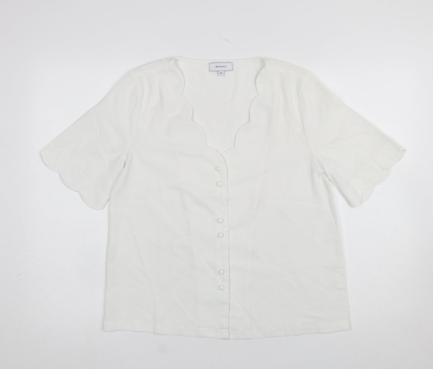 Rihoas Women Ivory V-Neck Button Blouse Short Sleeve XS