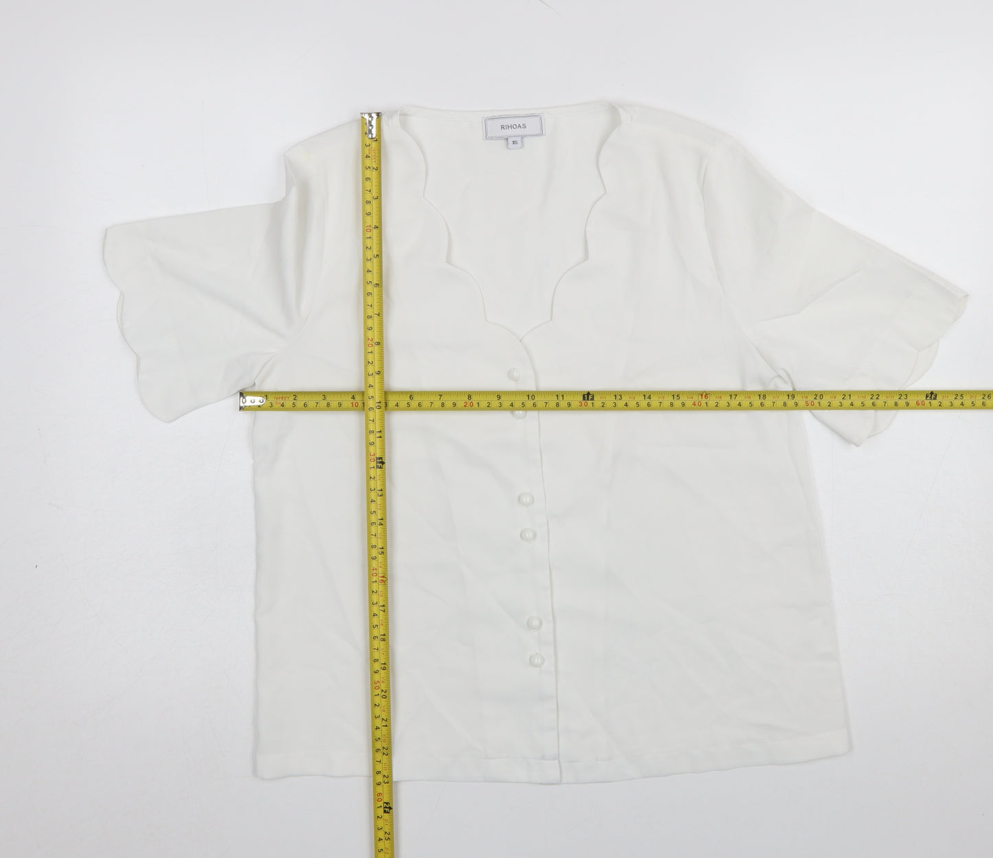 Rihoas Women Ivory V-Neck Button Blouse Short Sleeve XS