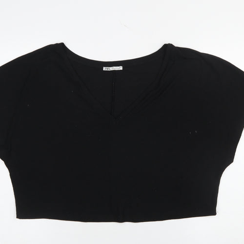 ZARA Womens Black Cropped V-Neck Short Sleeve T-Shirt Size S