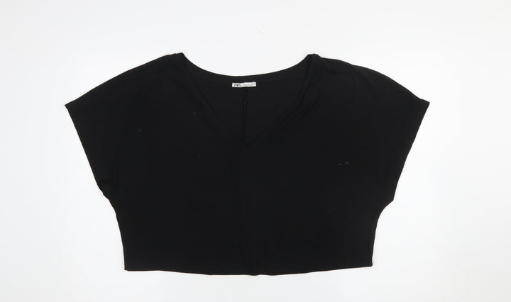 ZARA Womens Black Cropped V-Neck Short Sleeve T-Shirt Size S
